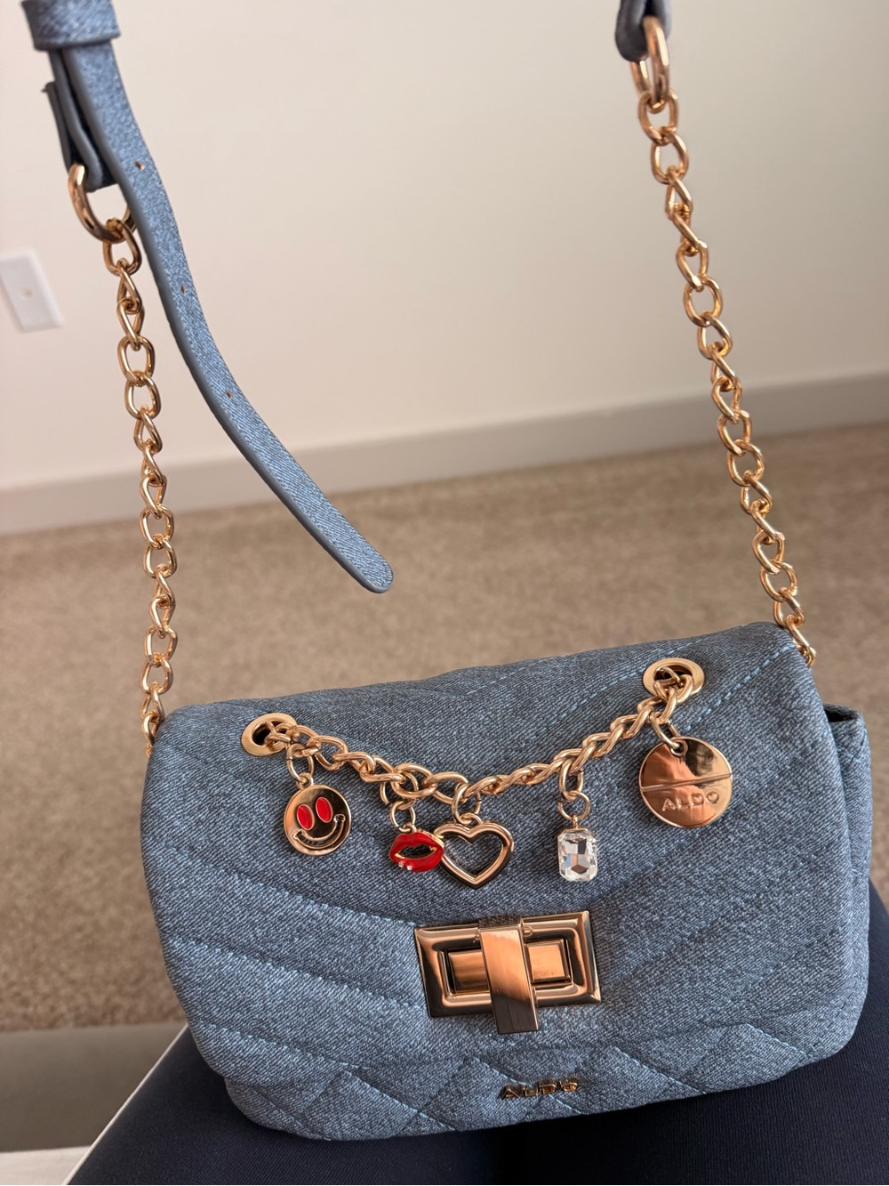 Aldo Denim-Textured Quilted Shoulder Bag with Charm Chain - Picture 2 of 5